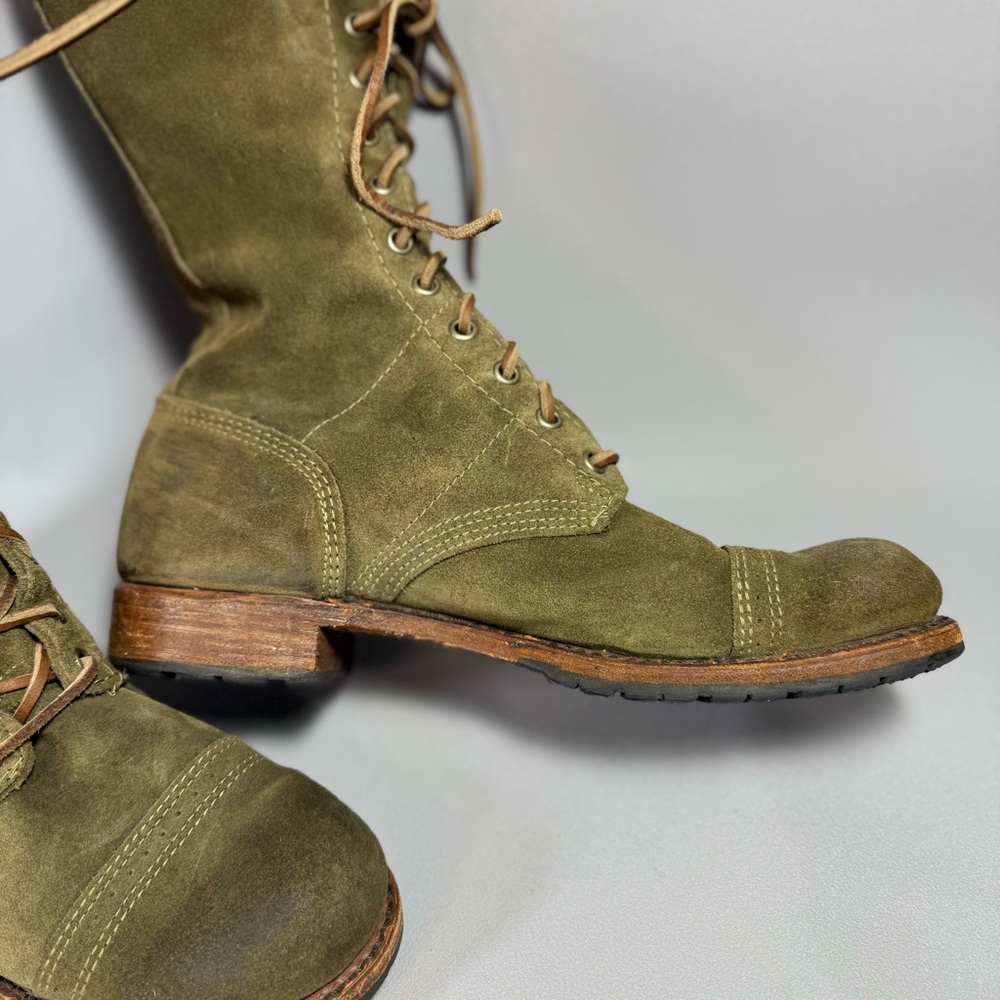 WALK-OVER VINTAGE COLLECTION Olive Green Suede Lace-Up Mid Calf Combat Boots - Picture 7 of 15